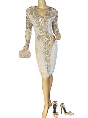 VINTAGE NAEEM KHAN RIAZEE NIGHTS CREAM & GOLD SEQUIN SILK COCKTAIL DRESS (4)